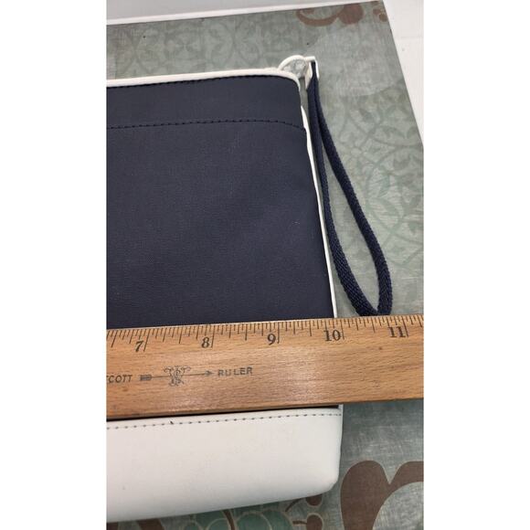 TORY BURCH Medium Nylon Cosmetic Case In Navy & White Wrist Strap 7.5 X 10 In - Picture 7 of 8